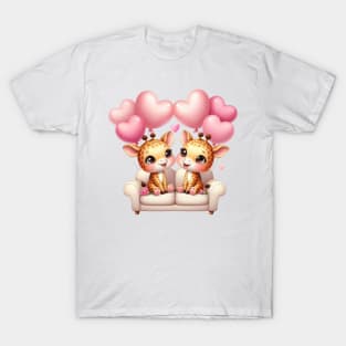 Valentine Giraffe Couple Sitting Sofa T-Shirt